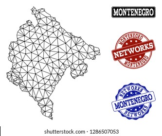 Black mesh vector map of Montenegro isolated on a white background and scratched stamp seals for networks. Abstract lines, dots and triangles forms map of Montenegro.