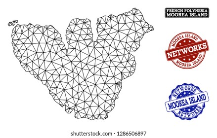 Black mesh vector map of Moorea Island isolated on a white background and grunge stamp seals for networks. Abstract lines, dots and triangles forms map of Moorea Island.