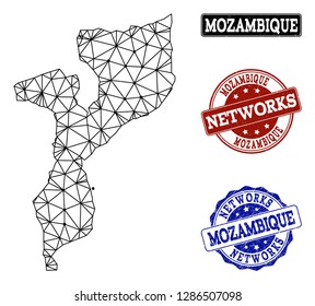 Black mesh vector map of Mozambique isolated on a white background and grunge stamp seals for networks. Abstract lines, dots and triangles forms map of Mozambique.