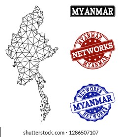Black mesh vector map of Myanmar isolated on a white background and rubber watermarks for networks. Abstract lines, dots and triangles forms map of Myanmar.