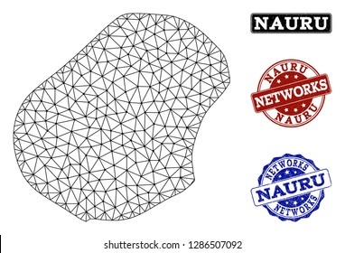 Black mesh vector map of Nauru isolated on a white background and grunge stamp seals for networks. Abstract lines, dots and triangles forms map of Nauru.