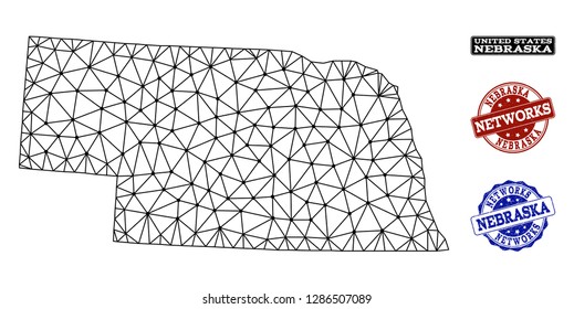 Black mesh vector map of Nebraska State isolated on a white background and rubber watermarks for networks. Abstract lines, dots and triangles forms map of Nebraska State.