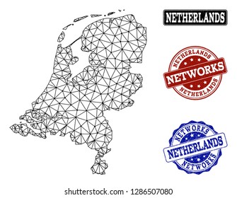 Black mesh vector map of Netherlands isolated on a white background and rubber watermarks for networks. Abstract lines, dots and triangles forms map of Netherlands.