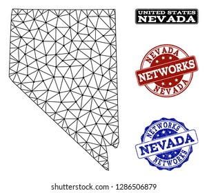Black mesh vector map of Nevada State isolated on a white background and rubber watermarks for networks. Abstract lines, dots and triangles forms map of Nevada State.