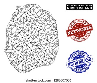 Black mesh vector map of Nevis Island isolated on a white background and rubber stamp seals for networks. Abstract lines, dots and triangles forms map of Nevis Island.