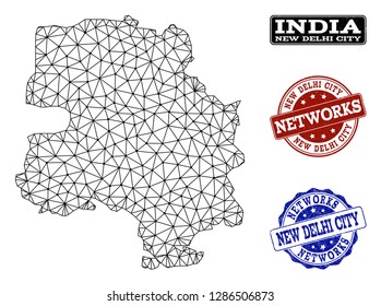Black mesh vector map of New Delhi City isolated on a white background and rubber stamp seals for networks. Abstract lines, dots and triangles forms map of New Delhi City.