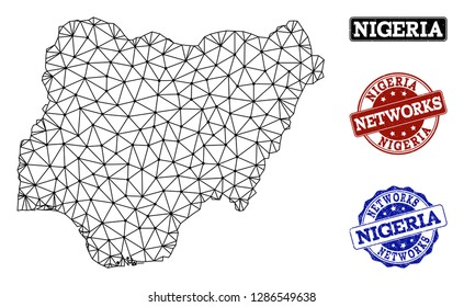 Black mesh vector map of Nigeria isolated on a white background and rubber watermarks for networks. Abstract lines, dots and triangles forms map of Nigeria.