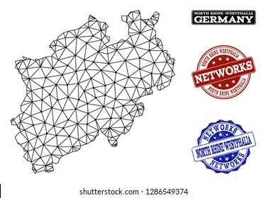 Black mesh vector map of North Rhine-Westphalia State isolated on a white background and scratched stamp seals for networks. Abstract lines,