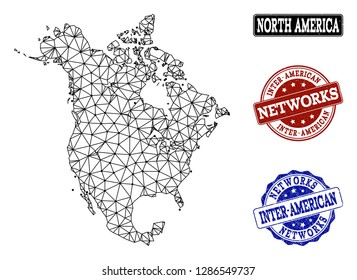 Black mesh vector map of North America isolated on a white background and grunge watermarks for networks. Abstract lines, dots and triangles forms map of North America.