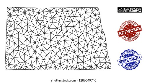 Black mesh vector map of North Dakota State isolated on a white background and grunge stamp seals for networks. Abstract lines, dots and triangles forms map of North Dakota State.