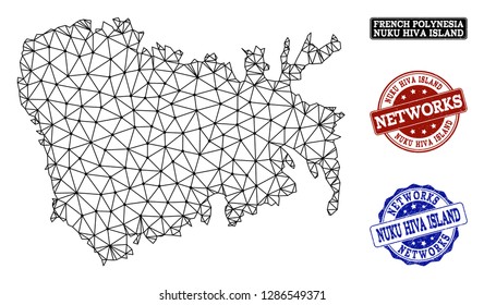 Black mesh vector map of Nuku Hiva Island isolated on a white background and grunge stamp seals for networks. Abstract lines, dots and triangles forms map of Nuku Hiva Island.
