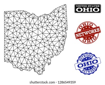 Black mesh vector map of Ohio State isolated on a white background and rubber watermarks for networks. Abstract lines, dots and triangles forms map of Ohio State.