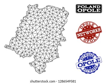 Black mesh vector map of Opole Province isolated on a white background and rubber stamp seals for networks. Abstract lines, dots and triangles forms map of Opole Province.