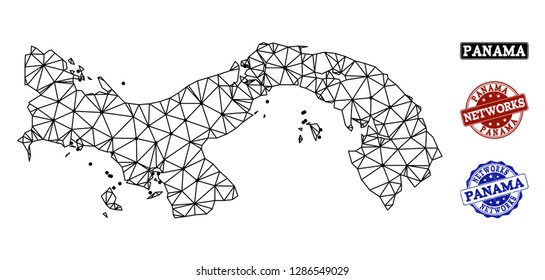 Black mesh vector map of Panama isolated on a white background and scratched stamp seals for networks. Abstract lines, dots and triangles forms map of Panama.