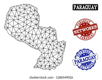 Black mesh vector map of Paraguay isolated on a white background and scratched stamp seals for networks. Abstract lines, dots and triangles forms map of Paraguay.