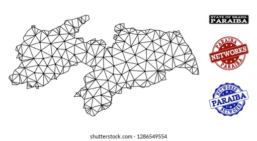 Black mesh vector map of Paraiba State isolated on a white background and scratched watermarks for networks. Abstract lines, dots and triangles forms map of Paraiba State.