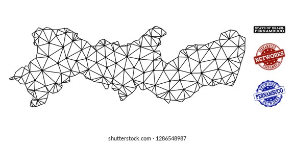 Black mesh vector map of Pernambuco State isolated on a white background and grunge watermarks for networks. Abstract lines, dots and triangles forms map of Pernambuco State.