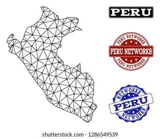 Black mesh vector map of Peru isolated on a white background and grunge stamp seals for networks. Abstract lines, dots and triangles forms map of Peru.