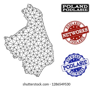 Black mesh vector map of Podlasie Province isolated on a white background and grunge watermarks for networks. Abstract lines, dots and triangles forms map of Podlasie Province.