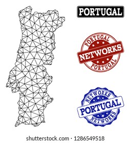 Black mesh vector map of Portugal isolated on a white background and rubber watermarks for networks. Abstract lines, dots and triangles forms map of Portugal.