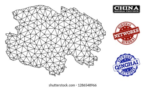 Black mesh vector map of Qinghai Province isolated on a white background and scratched stamp seals for networks. Abstract lines, dots and triangles forms map of Qinghai Province.