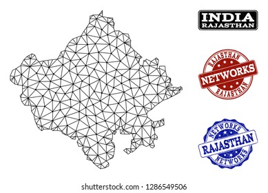 Black mesh vector map of Rajasthan State isolated on a white background and grunge stamp seals for networks. Abstract lines, dots and triangles forms map of Rajasthan State.