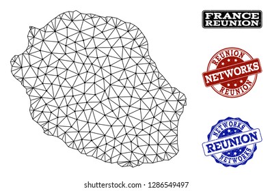 Black mesh vector map of Reunion Island isolated on a white background and rubber watermarks for networks. Abstract lines, dots and triangles forms map of Reunion Island.