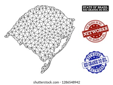 Black mesh vector map of Rio Grande do Sul State isolated on a white background and scratched watermarks for networks. Abstract lines, dots and triangles forms map of Rio Grande do Sul State.