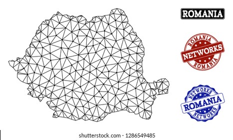 Black mesh vector map of Romania isolated on a white background and rubber stamp seals for networks. Abstract lines, dots and triangles forms map of Romania.