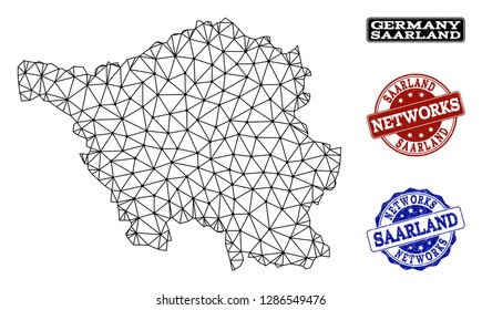 Black mesh vector map of Saarland State isolated on a white background and scratched watermarks for networks. Abstract lines, dots and triangles forms map of Saarland State.