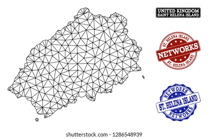 Black mesh vector map of Saint Helena Island isolated on a white background and rubber watermarks for networks. Abstract lines, dots and triangles forms map of Saint Helena Island.