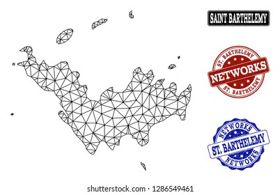 Black mesh vector map of Saint Barthelemy isolated on a white background and grunge watermarks for networks. Abstract lines, dots and triangles forms map of Saint Barthelemy.