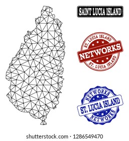 Black mesh vector map of Saint Lucia Island isolated on a white background and scratched stamp seals for networks. Abstract lines, dots and triangles forms map of Saint Lucia Island.