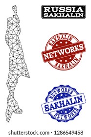 Black mesh vector map of Sakhalin Island isolated on a white background and rubber watermarks for networks. Abstract lines, dots and triangles forms map of Sakhalin Island.