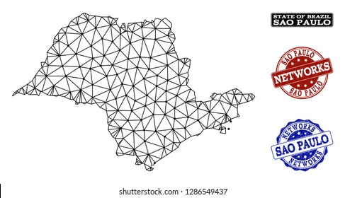 Black mesh vector map of Sao Paulo State isolated on a white background and scratched watermarks for networks. Abstract lines, dots and triangles forms map of Sao Paulo State.