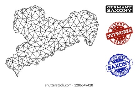Black mesh vector map of Saxony State isolated on a white background and grunge watermarks for networks. Abstract lines, dots and triangles forms map of Saxony State.