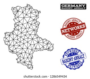 Black mesh vector map of Saxony-Anhalt State isolated on a white background and scratched stamp seals for networks. Abstract lines, dots and triangles forms map of Saxony-Anhalt State.