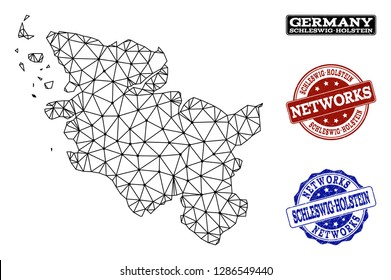 Black mesh vector map of Schleswig-Holstein State isolated on a white background and rubber watermarks for networks. Abstract lines, dots and triangles forms map of Schleswig-Holstein State.