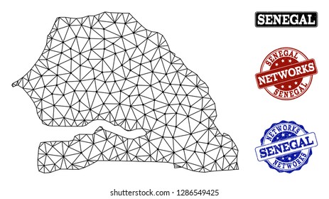 Black mesh vector map of Senegal isolated on a white background and scratched watermarks for networks. Abstract lines, dots and triangles forms map of Senegal.