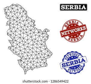 Black mesh vector map of Serbia isolated on a white background and scratched watermarks for networks. Abstract lines, dots and triangles forms map of Serbia.