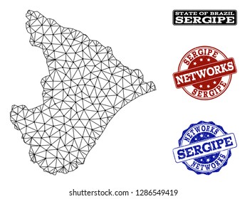 Black mesh vector map of Sergipe State isolated on a white background and rubber stamp seals for networks. Abstract lines, dots and triangles forms map of Sergipe State.