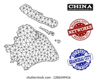 Black mesh vector map of Shanghai Municipality isolated on a white background and grunge watermarks for networks. Abstract lines, dots and triangles forms map of Shanghai Municipality.