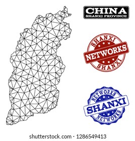 Black mesh vector map of Shanxi Province isolated on a white background and scratched stamp seals for networks. Abstract lines, dots and triangles forms map of Shanxi Province.