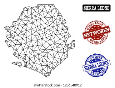 Black mesh vector map of Sierra Leone isolated on a white background and grunge stamp seals for networks. Abstract lines, dots and triangles forms map of Sierra Leone.