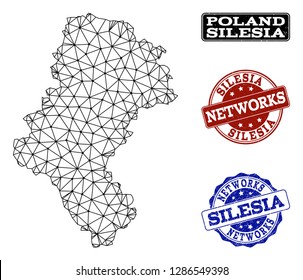 Black mesh vector map of Silesia Province isolated on a white background and rubber watermarks for networks. Abstract lines, dots and triangles forms map of Silesia Province.