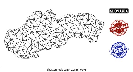 Black mesh vector map of Slovakia isolated on a white background and scratched stamp seals for networks. Abstract lines, dots and triangles forms map of Slovakia.