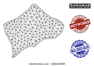 Black mesh vector map of Small Inagua Island isolated on a white background and rubber watermarks for networks. Abstract lines, dots and triangles forms map of Small Inagua Island.