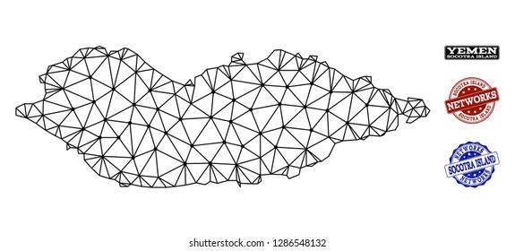 Black mesh vector map of Socotra Island isolated on a white background and grunge watermarks for networks. Abstract lines, dots and triangles forms map of Socotra Island.