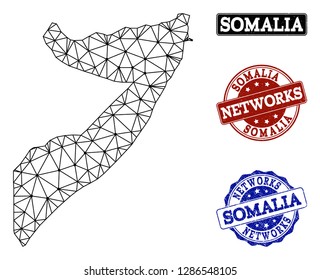 Black mesh vector map of Somalia isolated on a white background and scratched stamp seals for networks. Abstract lines, dots and triangles forms map of Somalia.