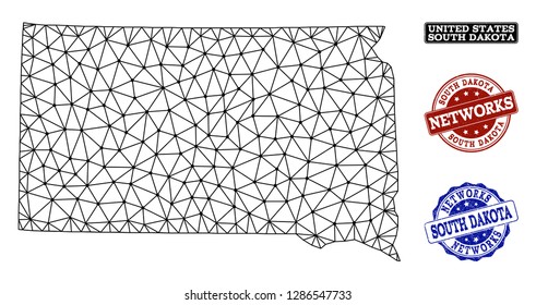 Black mesh vector map of South Dakota State isolated on a white background and rubber watermarks for networks. Abstract lines, dots and triangles forms map of South Dakota State.